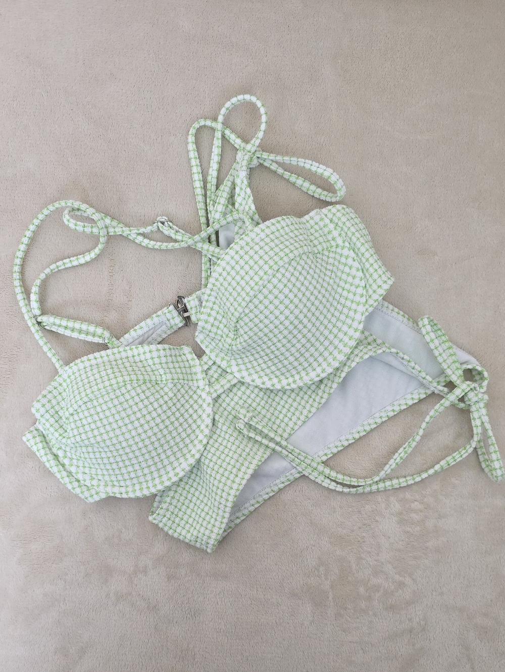 Green, White Gingham Textured Bikini Set Size Small Tie Side